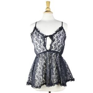 Vintage babydoll lace camisole cutout bodice black goth sheer 80s 90s sz S/M
